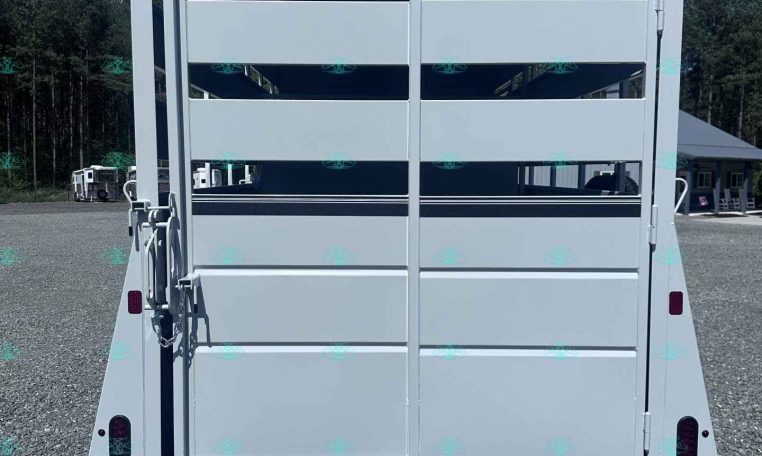 Rear view of a white horse trailer with split doors open, showing interior stalls on a gravel lot under a blue sky.