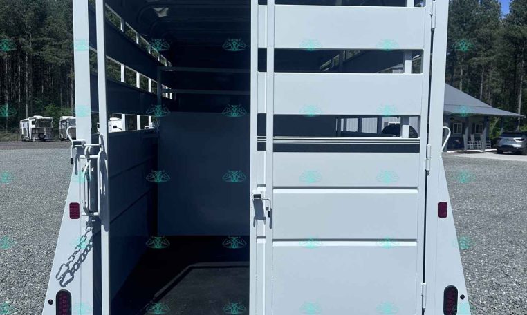 Rear view of a white horse trailer with the loading ramp down and empty stalls inside on a gravel lot with trees in the background