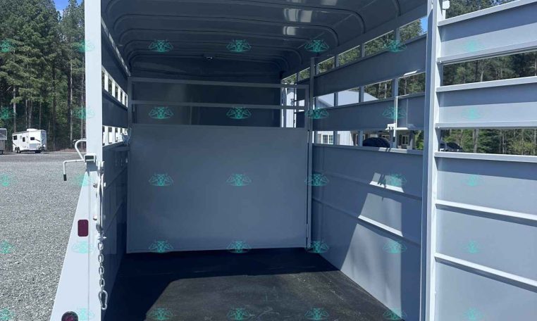 Open horse trailer interior with a center divider, empty stalls, and gray walls under a clear blue sky on a gravel lot.