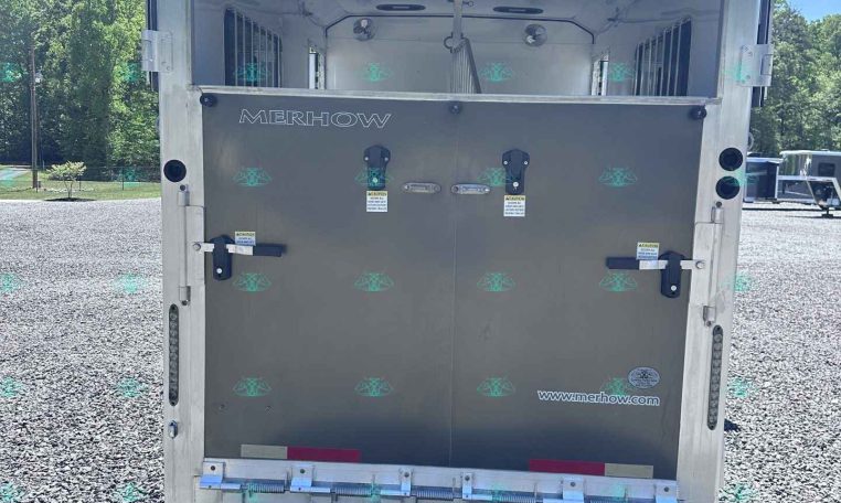 Rear of a Merhow horse trailer with doors open, showing empty stalls inside on a gravel lot outside under a blue sky.