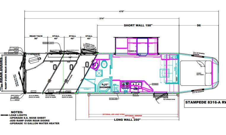 RV floor plan with labeled rooms and external dimensions, showing bedroom, kitchen, bath, and rear ramp.