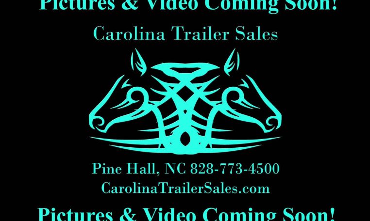 Turquoise twin-horse logo on black with decorative lines and the message 'Pictures & Video Coming Soon!' for Carolina Trailer Sales, Pine Hall, NC, 828-773-4500, CarolinaTrailerSales.com.