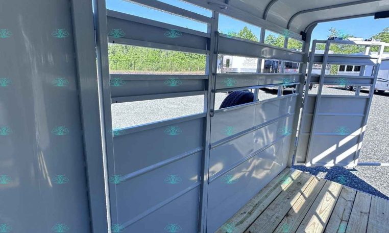 Interior of a gray metal horse trailer with partition rails and a wooden plank floor, sunlight visible through open side gate.