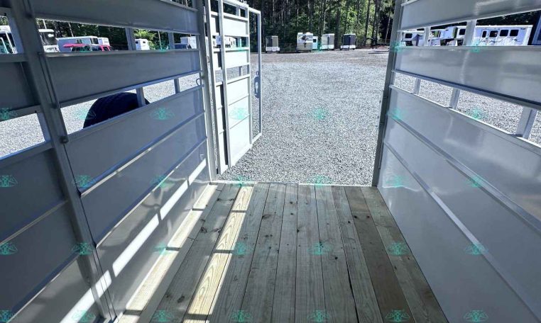 Interior view of a light gray horse trailer with back doors open to a gravel lot and trees in the background.