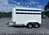 White aluminum horse trailer with multiple side windows and dual axles parked on a gravel lot under a blue sky with clouds.",