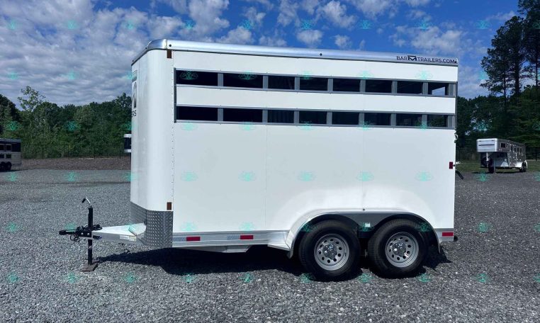 White aluminum horse trailer with multiple side windows and dual axles parked on a gravel lot under a blue sky with clouds.",