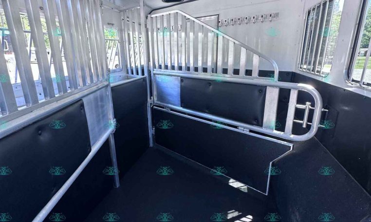 Interior of a horse trailer with two metal stalls and padded lower walls, partitions between stalls, and hooks along the wall for tack storage.