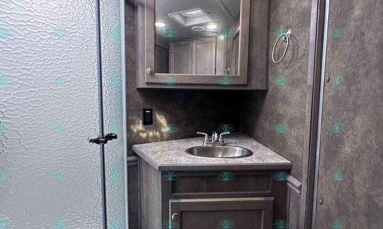 Small bathroom vanity area with gray wood cabinet, oval sink, and mirrored medicine cabinet; frosted glass shower on the left.