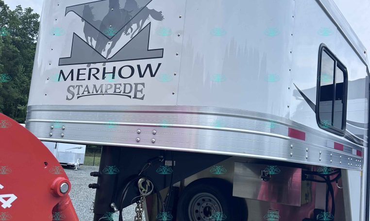 Rear side of a silver Merhow Stampede horse trailer with a stylized emblem of horses and mountains and a curved top edge in a parking area.