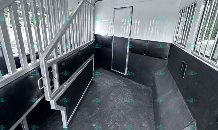 Interior of a white horse trailer with metal dividing stalls, padded lower walls, and a doorway seen from the aisle.