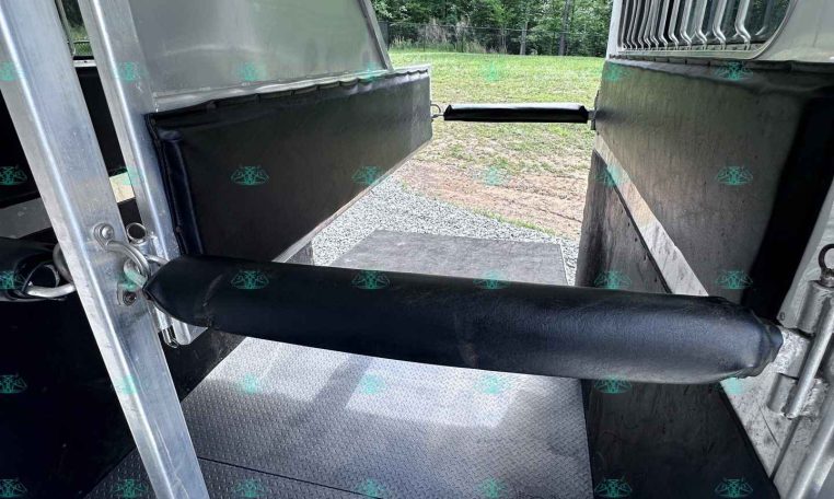 Interior of a horse trailer showing a padded divider on the left, metal walls, and a diamond-plate floor with the rear doors open to a grassy, tree-filled outdoor scene.