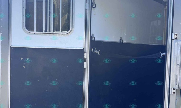 Open side door of a silver horse trailer; interior stalls visible through the doorway with a windowed side panel