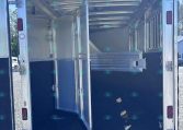 Rear view of an open aluminum horse trailer with divider and stalls, showing metal partition and blue interior walls for horses