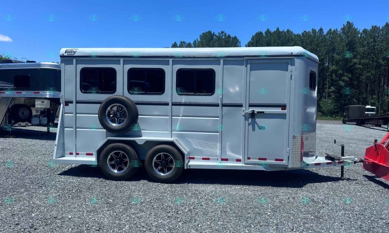 Silver horse trailer with two axles and a mounted spare tire, parked on gravel with a blue sky and trees in the background.