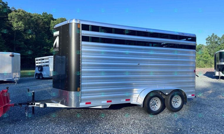 Silver aluminum horse trailer with two axles and black front, parked on a gravel lot with other trailers, blue sky and trees in the background, CarolinaTrailersales.com watermark at bottom.