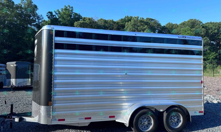 Shiny aluminum livestock trailer with black front corner, parked on a gravel lot with trees and blue sky behind.