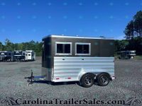 Black and silver trailer with two windows on a gravel lot, surrounded by other trailers under a clear blue sky.