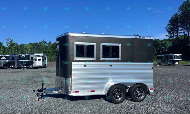 Black and silver trailer with two windows on a gravel lot, surrounded by other trailers under a clear blue sky.