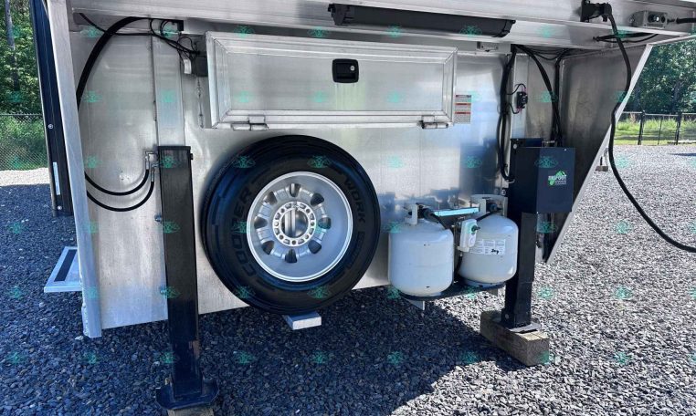 Interior of a camping trailer's undercarriage showing a mounted spare tire, two propane tanks, and electrical components/boxes.