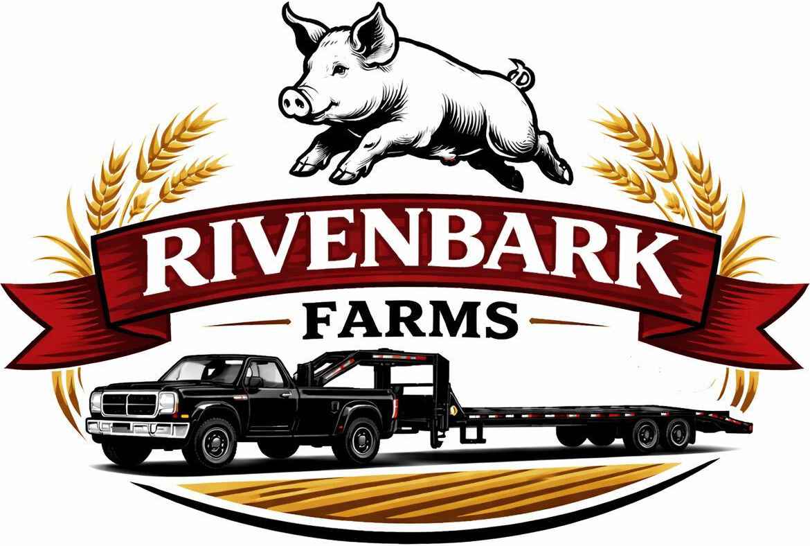 RIVENBARK FARMS logo featuring a jumping pig above a red curved banner with the text, flanked by wheat and a black flatbed truck below.
