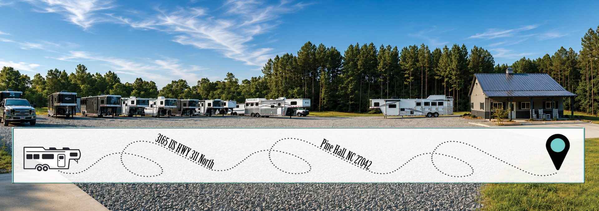 RV park with a row of travel trailers; overlaid map banner shows a winding dotted route toward a location pin labeled Pine Hall, NC 27042.